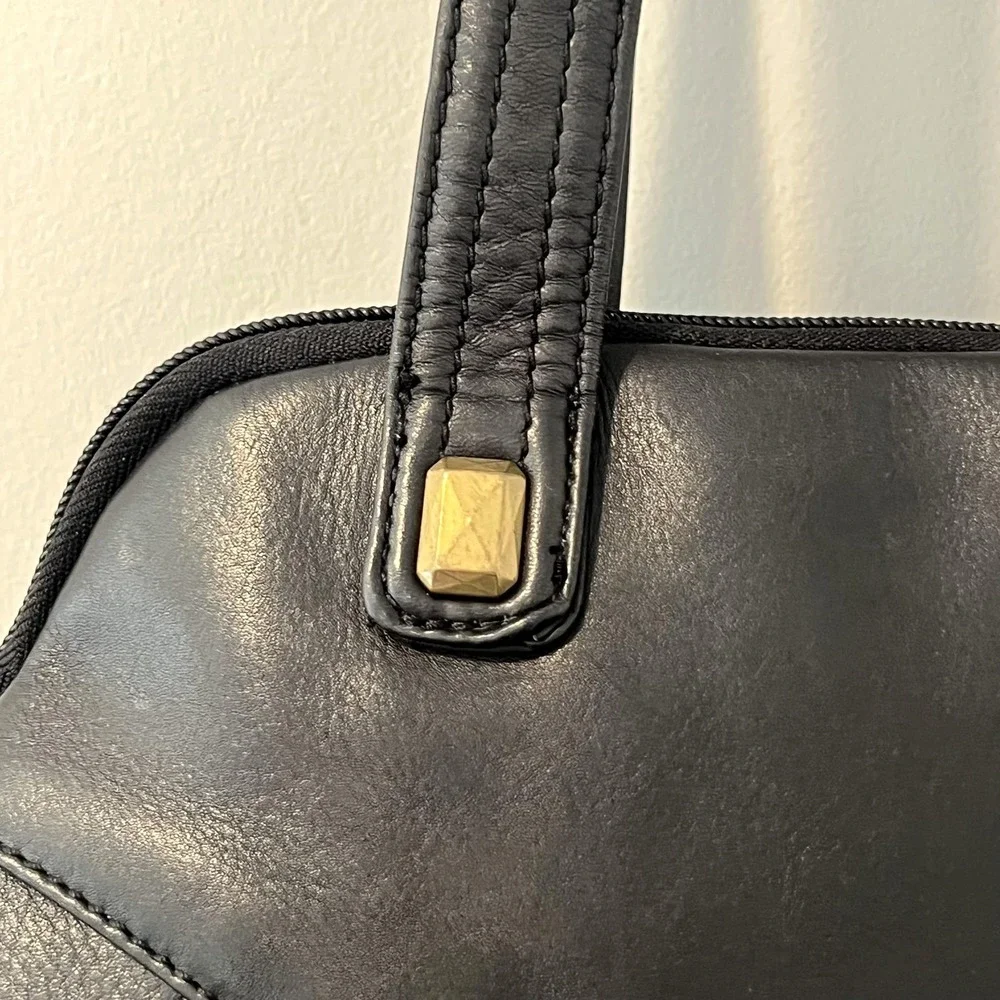 Stone Mountain Shoulder Bag Womens Medium Black Leather Studded Gold Hardware
